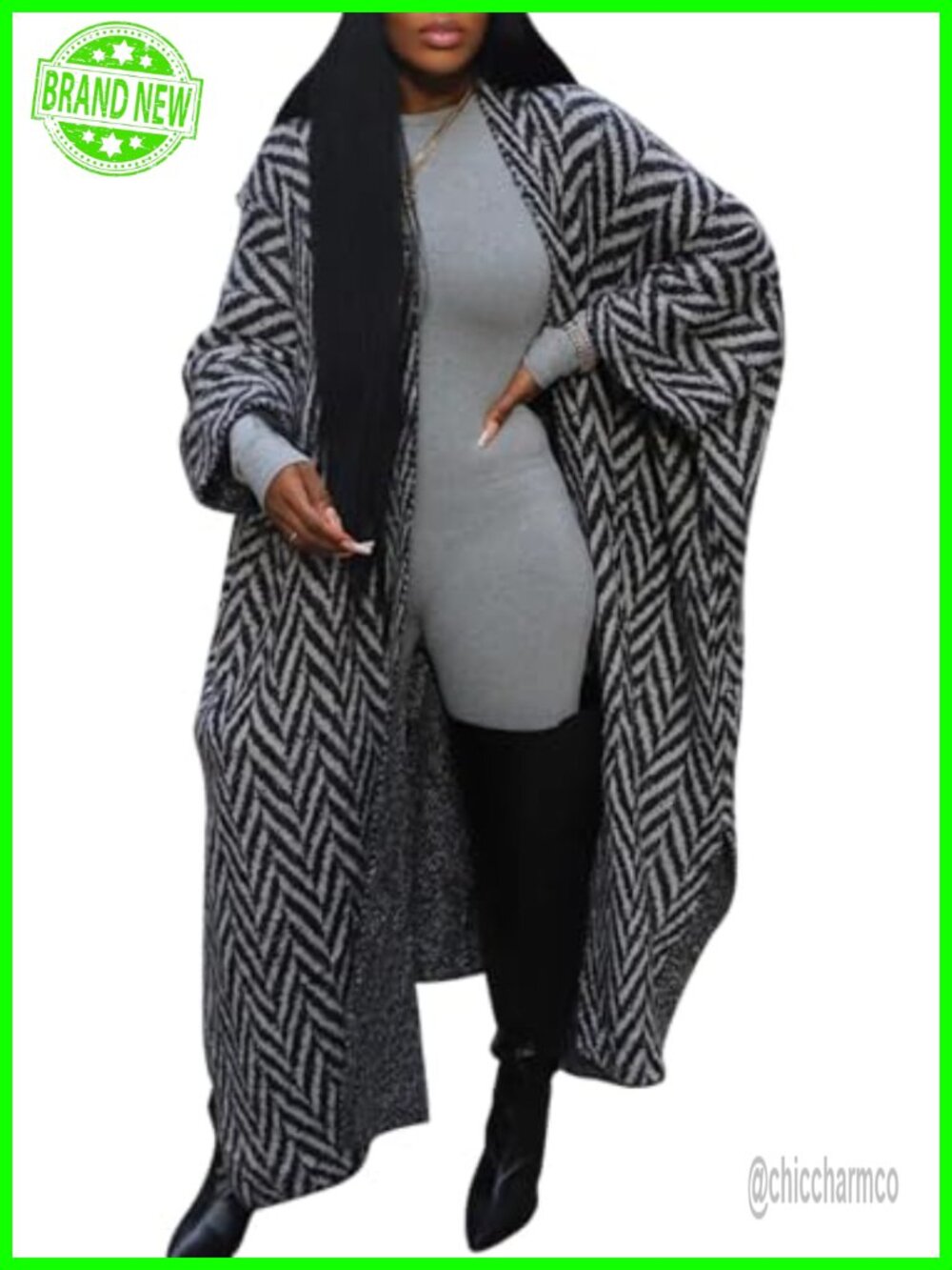 Women Oversized Chunky Knit Long Cardigan Open Front Striped Sweater